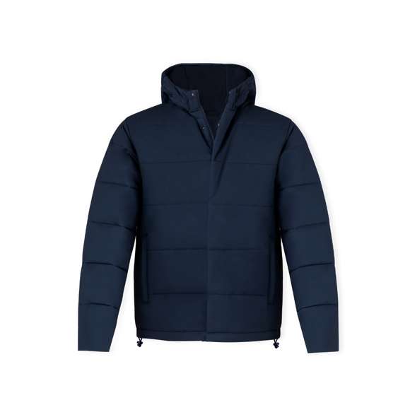 Chaqueta tipo parka, con capucha, en cálido y suave material 100% poliéster. En material ligero, resistente al viento y al agua. Diseño de elegante construcción horizontal y acolchado, con capucha fija integrada. Doble cierre frontal de cremallera y corchetes. Bolsillos laterales con tiradores a juego y cordón ajustable en dobladillo. Disponible en tallas XS, S, M, L, XL, XXL.