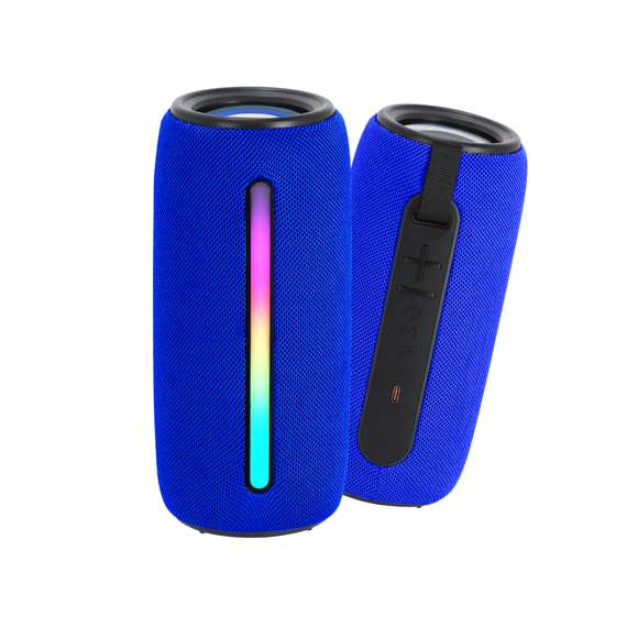 Altavoz estéreo Bluetooth 2x5W con luz multicolor. Fabricado en resistente tejido premium. Con luces LEDs multicolor con 5 posiciones de iluminación. Incluye asa de transporte. Conexión Bluetooth 5.3 con panel de control integrado en el lateral. Incluye función manos libres.