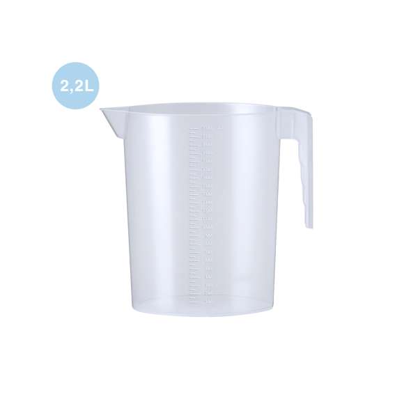 Jarra medidora de 2,2L fabricada en resistente PP transparente con asa. Con medidor lateral en tramos de 50 ml y vertedor en el borde para evitar derrames.