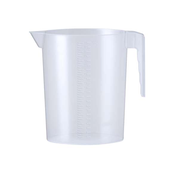 Jarra medidora de 2,2L fabricada en resistente PP transparente con asa. Con medidor lateral en tramos de 50 ml y vertedor en el borde para evitar derrames.