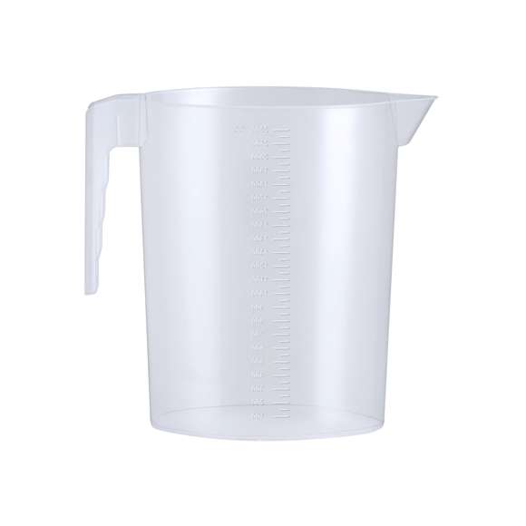 Jarra medidora de 2,2L fabricada en resistente PP transparente con asa. Con medidor lateral en tramos de 50 ml y vertedor en el borde para evitar derrames.