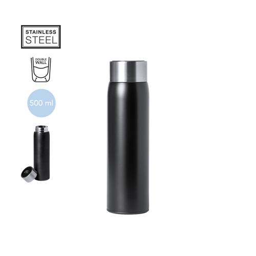 Bidón térmico de acero inox y doble pared, con medidor de temperatura táctil integrado en tapón. 500ml de capacidad y de acabado mate. Con tapón de seguridad li