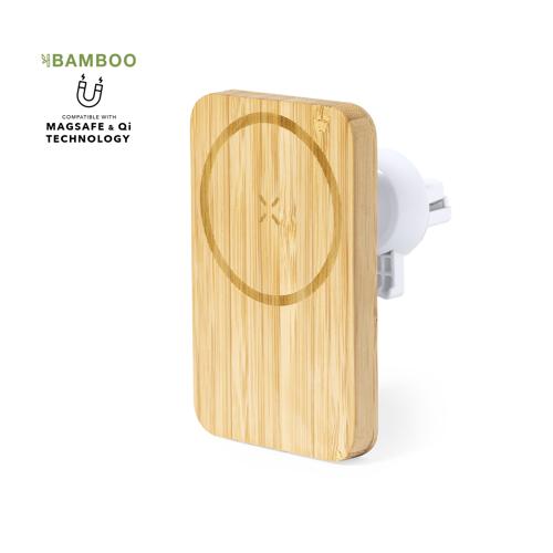 Soporte de rejilla de coche para smartphone de línea nature y fabricado en bambú. Con cargador inalámbrico 15W integrado y fijación magnética para poder usar el