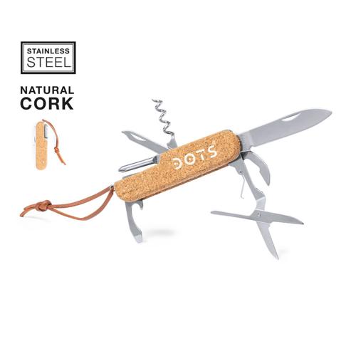 Navaja multiusos de línea nature, con resistente cuerpo en acero inox y empuñadura de corcho natural. Con 9 funciones entre otras, navaja, abridor, tijeras, lim