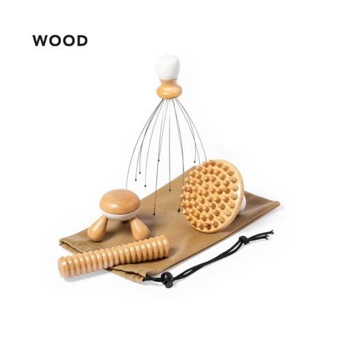 Set de masaje fabricado en madera natural. Contenido: Masajeador con mango en madera natural y patas metálicas, con suaves terminaciones de goma y efecto más qu