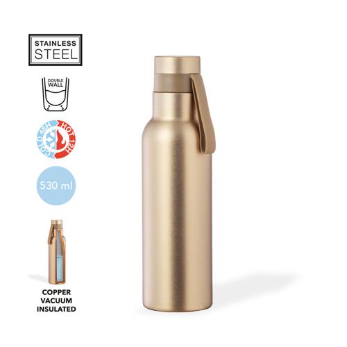 Bidón térmico de 530 ml de capacidad, fabricado en acero inox de doble pared. Con aislamiento de cobre al vacío, que permite mantener el calor y el frío durante