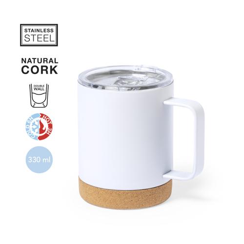 Taza térmica de sobremesa fabricada en acero inox de doble pared y 330ml de capacidad. Con dosificador en tapa, libre de BPA, y base en corcho natural. Disponib