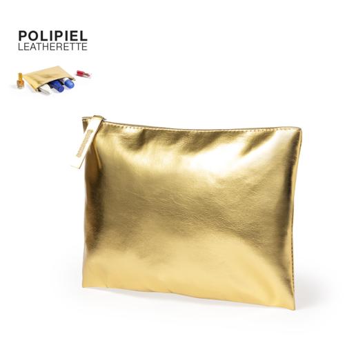 Neceser de polipiel en elegante acabado metalizado. Con cierre de cremallera y tirador a juego disponible en colores dorado, plateado y oro rosa.