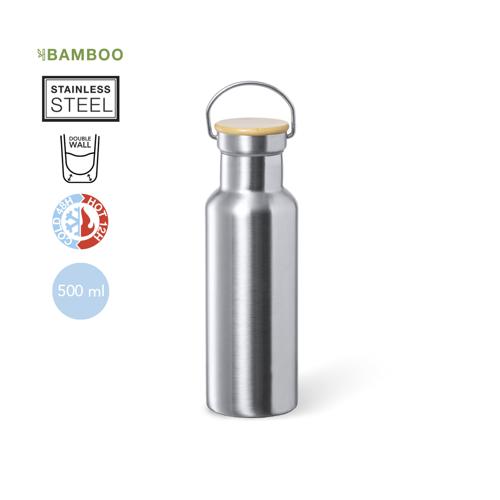 Bidón térmico de 500 ml de capacidad, fabricado en acero inox de doble pared y acabado mate. Incluye original tapón a rosca en acero inox, con detalle de bambú