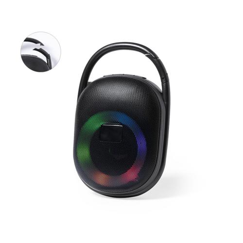 Potente altavoz Bluetooth® de 5W con luz multicolor. Portátil y fabricado en resistente material ABS de color negro mate, con rejilla y colgador integrado. Con