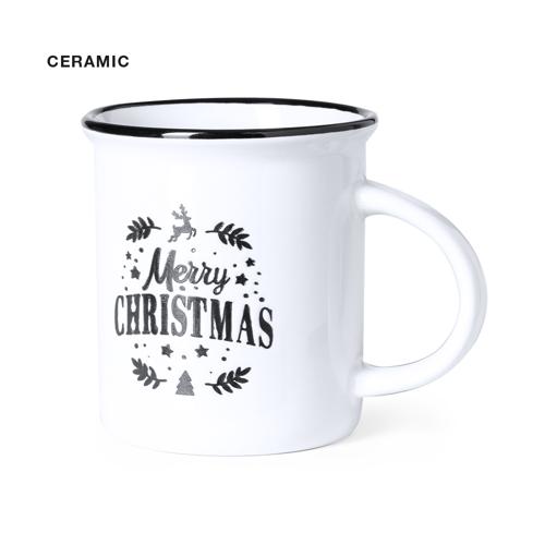 Taza de cerámica con diseño navideño vintage y 320 ml de capacidad, apta para microondas. Presentada en atractiva caja individual kraft.