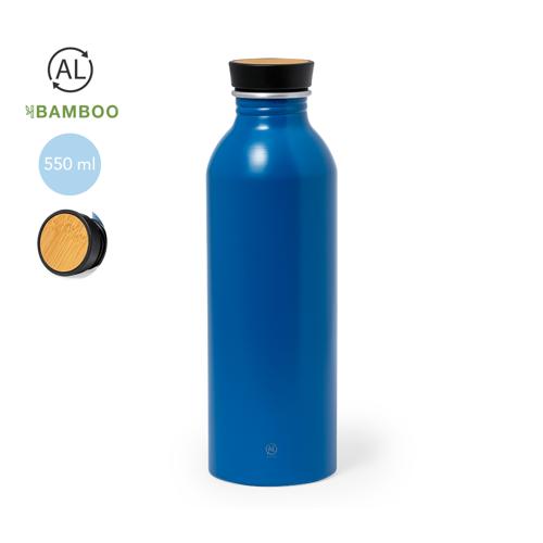 Bidón de 550 ml de capacidad. Fabricado en elegante y sostenible aluminio reciclado. De acabado satinado, incluye original tapón a rosca con detalle de bambú y 