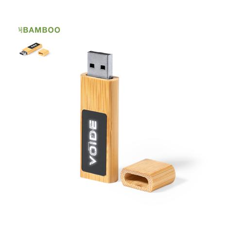 Memoria USB de línea nature de 16GB de capacidad. Fabricada en bambú, con amplia y elegante zona de marcaje iluminada. Cierre de capucha imantado y presentada e