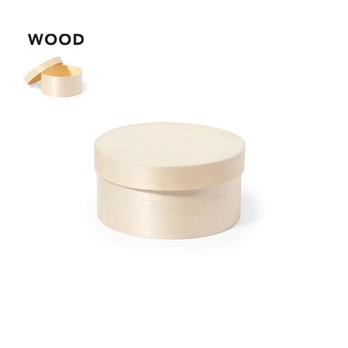 Caja de presentación formato redondo, fabricada en madera natural y con tapa a juego.