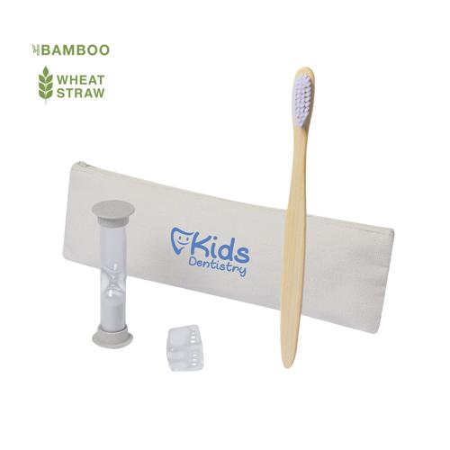Set de cepillo de dientes y reloj de arena fabricado en bambú y caña de trigo. Incluye cepillo con mango ergonómico hecho en suave bambú con capucha protectora.