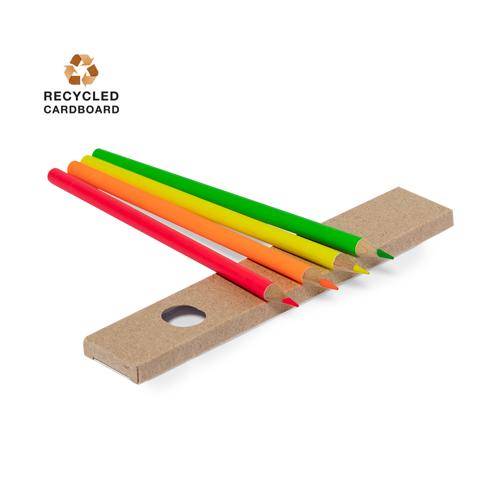Set de 4 lápices en caja de cartón reciclada con ventana. Lápices de madera con cuerpo cilíndrico en variados colores fluor y minas en divertidos colores.