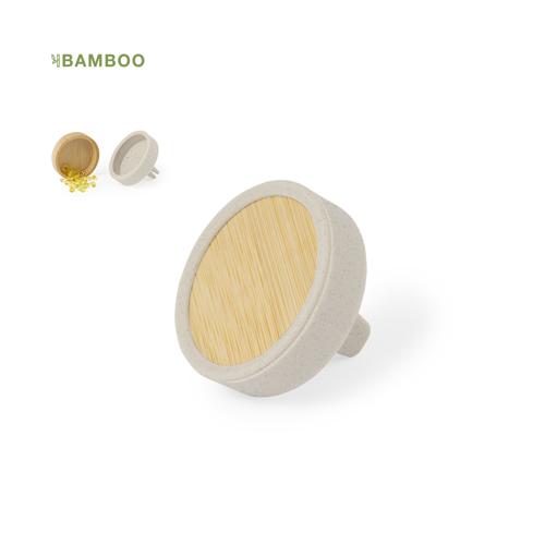 Moderno ambientador para vehículos fabricado en bambú y silicona, con aroma a limón para rejilla de automóvil. Presentado en bolsa de papel kraft. Materiales co