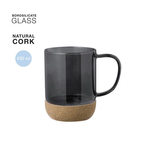 Taza de cristal de borosilicato con 450 ml de capacidad. Distinguido diseño en combinación de cristal con corcho, en variada gama de colores translúcidos. Prese