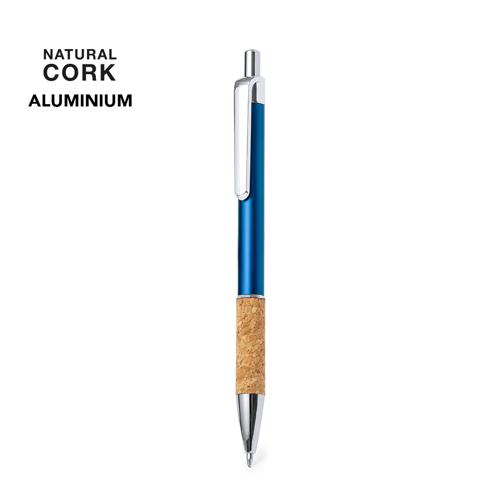 Elegante bolígrafo de corcho y aluminio con mecanismo pulsador. Cuerpo en resistente aluminio de acabado brillante y empuñadura en corcho, con la caña en una am