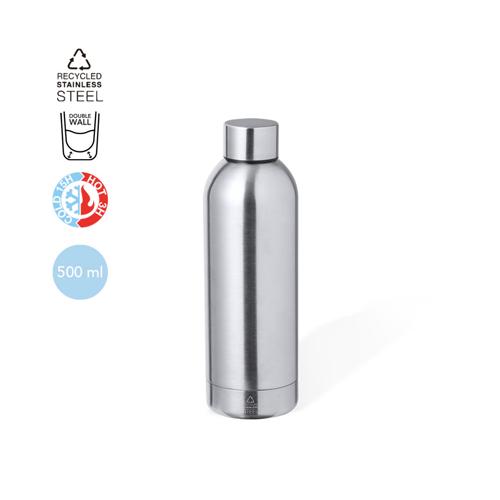 Bidón térmico de doble capa en Acero Inox Reciclado de 500 ml de capacidad. Cierre de rosca para un sellado óptimo y con logotipo Acero Inox Reciclado. Presenta