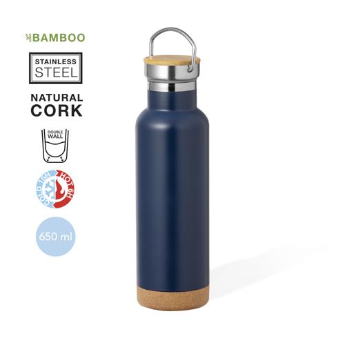 Bidón térmico de 650 ml de capacidad, fabricado en acero inox de doble pared. Incluye original tapón a rosca en acero inox, con detalle de bambú y asa integrada