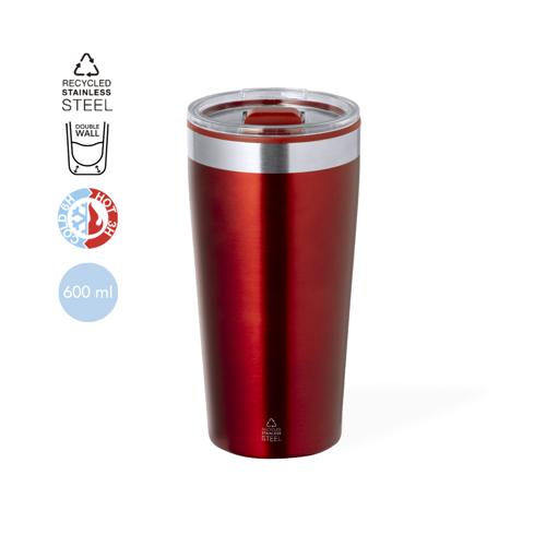 Vaso térmico fabricado en acero inox reciclado, con doble pared y 600 ml de capacidad. Incluye tapa con dosificador y abrefácil. Es ideal para tener en tu escri