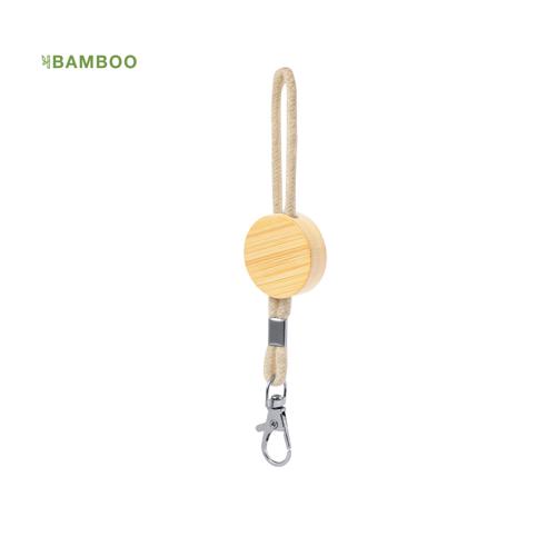 Llavero ecológico fabricado en bambú y con cordón en algodón. Incluye una pieza redonda especial para marcaje y un mosquetón giratorio metálico. Presentado indi