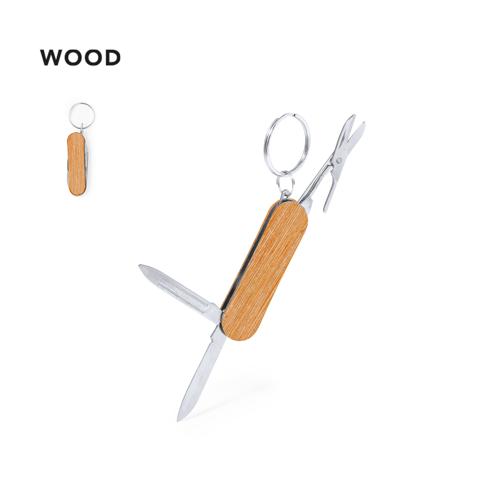 Práctico llavero multiherramienta, con accesorios fabricados en resistente acero inox y carcasa en madera natural. Con 3 funciones: tijeras, cuchillo y lima. Pr