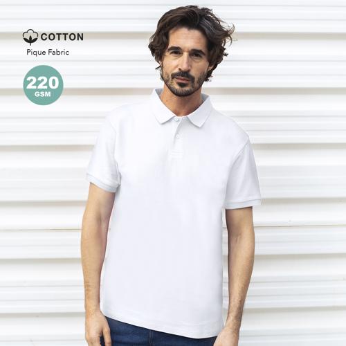 Polo de piqué para adulto en color blanco. En material 100% algodón de 220g/m2. Con dos botones de cierre a juego y aperturas laterales en los bajos. Tallas S, 