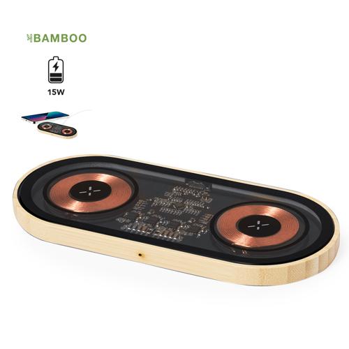 Cargador inalámbrico doble de 15W de original diseño y superficie transparente que permite ver los componentes internos del dispositivo. Con base de bambú, comp