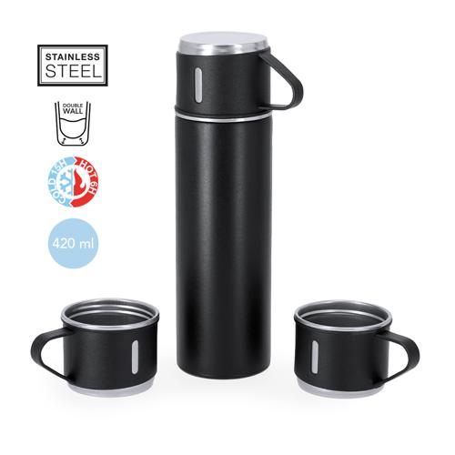 Set de termo con 3 tazas fabricado en acero inox. Termo de 420 ml de capacidad y de doble pared, que garantiza una mejor y más duradera conservación de la tempe