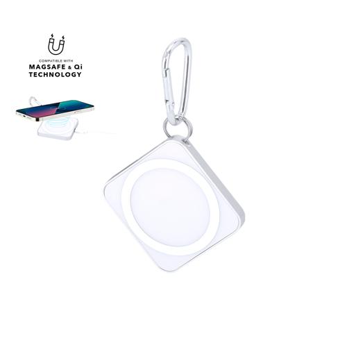 Cargador inalámbrico 15W fabricado en aluminio. Diseñado para la carga de smartphone, auriculares y smartwatch. Con fijación magnética. Incluye mosquetón metáli