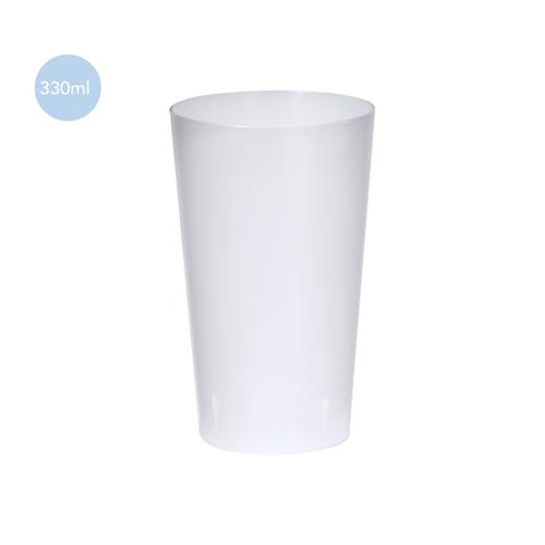 Vaso de 330 ml de capacidad en resistente y flexible material PP. Reutilizable y en acabado translúcido.