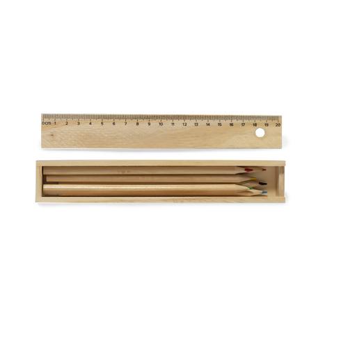 Set de 6 lápices en estuche de madera natural. Lápices en madera, con cuerpo redondo de acabado natural y minas en colores variada gama de vivos colores. Tapa d