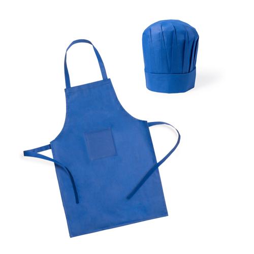 Set infantil de delantal y gorro de cocina en non-woven de vivos colores. Delantal con bolsillo frontal y cintas de ajuste.