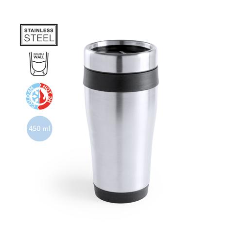 Vaso fabricado en acero inox de 450ml de capacidad con cuerpo de acabado brillante con accesorios a juego y en vivos colores. Con tapa dosificador y abrefácil. 