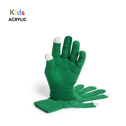 Práctico par de guantes de niño para dispositivos con pantalla táctil, de suave acabalado acrílico y en divertidos colores. Integran puntero en dedos corazón, í
