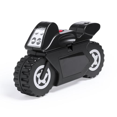 Set de herramientas de 14 accesorios en resistente estuche con diseño de moto, con linterna de 4 ledes integrada. Incluye set de destornilladores de precisión, 