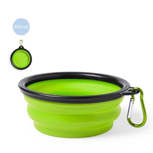 Bowl plegable para mascotas en resistente material TPR. Diseñado para sólidos y líquidos, con 450ml de capacidad y mosquetón de transporte metálico a juego. Dis