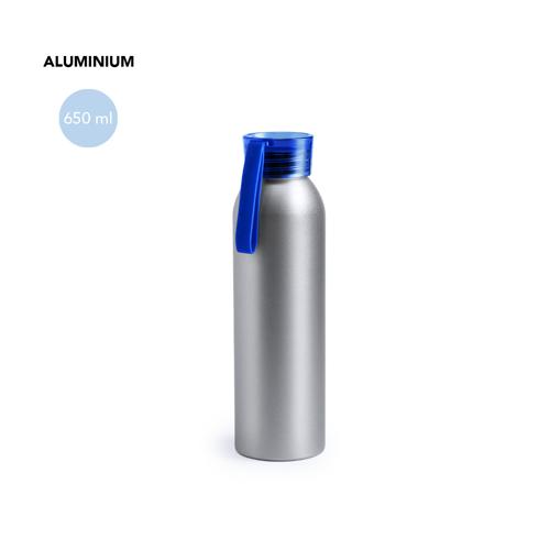Bidón de aluminio de 650 ml de capacidad. Cuerpo en color plateado, con tapón de seguridad a rosca en variada gama de colores transparentes. Cinta de transporte