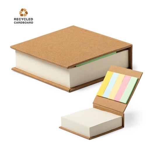 Portanotas con tapas rígidas en resistente cartón reciclado. Con 200 hojas lisas y 125 mini notas adhesivas.