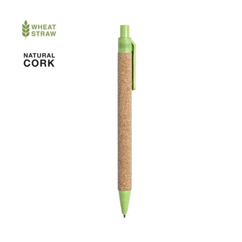 Bolígrafo de línea nature con mecanismo pulsador. Combinación de cuerpo en corcho natural y accesorios en caña de trigo y ABS , para así fomentar la utilizaci