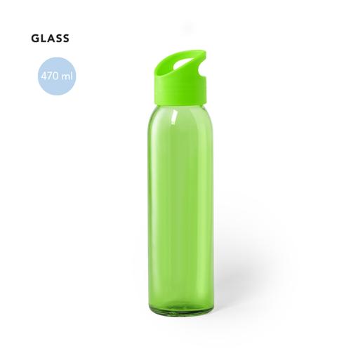 Bidón de 470ml de capacidad. Fabricado con cuerpo de cristal y disponible en variada gama de colores. Tapón a rosca en PP, libre de BPA, a juego. Presentado en