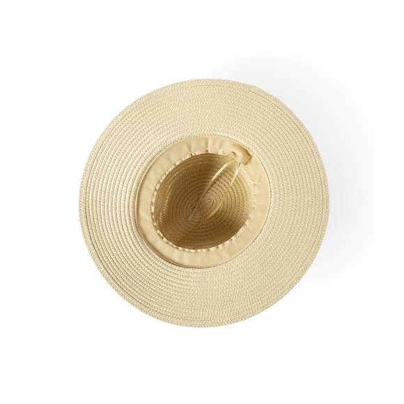 Sombrero de ala ancha y alta calidad en material sintético, con acabado natural. Ajustable desde el interior, con cinta exterior y confortable cinta interior. Disponible en variada gama de colores.