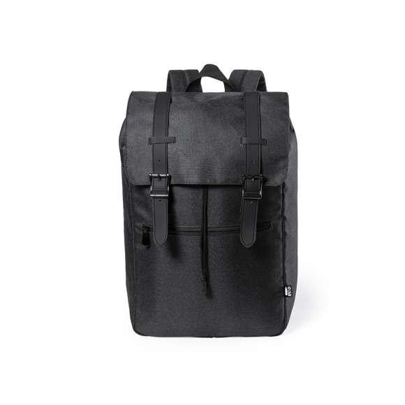 Mochila urban de línea nature, fabricada en resistente poliéster 300D RPET libre de PVC, elaborado a partir de plástico reciclado, para así fomentar la reutilización de residuos plásticos y contribuir a la sostenibilidad del planeta. Bolsillo principal con tiras y cierres de hebilla metálicos con bolsillo frontal de cremallera y tirador metálico. Interior con bolsillo acolchado para portátil de hasta 15 pulgadas y tablet de hasta 10 pulgadas. Cintas ajustables para hombro acolchadas, con distintivo RPET en etiqueta exterior.