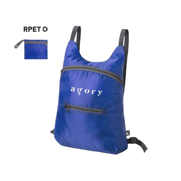 Mochila plegable en suave poliéster 201D RPET, elaborado a partir de plástico reciclado, para así fomentar la reutilización de residuos plásticos y ayudar a la sostenibilidad del planeta. Con cierre de cremallera y bolsillo frontal. Esquinas reforzadas, cintas de hombros regulables y accesorios en color gris. Plegado de pequeño tamaño, con cinta de transporte y disponible en variada gama de colores. Distintivo RPET en etiqueta.