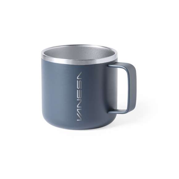 Taza de acero inox de doble capa y 350ml de capacidad, en elegante acabado bicolor. Presentada en caja individual.