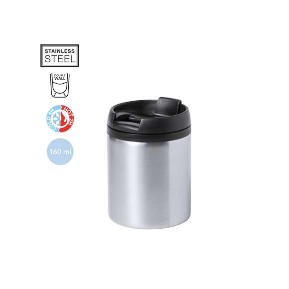 Vaso térmico de sobremesa fabricado en acero inox, de 160ml de capacidad. Incluye tapa con dosificador y abrefácil. Disponible en variada gama de colores metalizados. Presentada en atractiva caja de diseño.