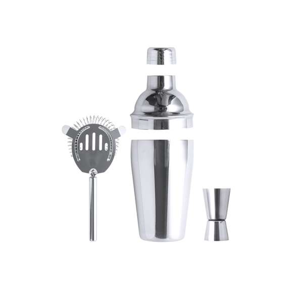 Set cóctel de 3 accesorios, fabricado en acero inox de acabado cromado. Incluye: Cocktelera de 550ml de capacidad, con cierre de seguridad y tapón dosificador en parte superior.Colador con asa.Medidor single/double.