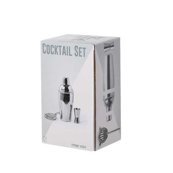 Set cóctel de 3 accesorios, fabricado en acero inox de acabado cromado. Incluye: Cocktelera de 550ml de capacidad, con cierre de seguridad y tapón dosificador en parte superior.Colador con asa.Medidor single/double.